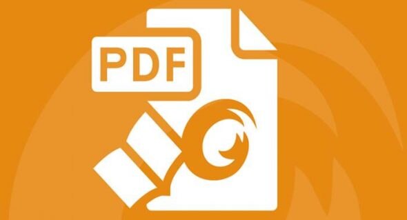 An illustration of a PDF document icon with an orange background,including a swirl design and a hand holding a book.