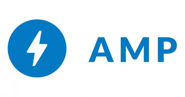 Logo of AMP (Accelerated Mobile Pages) featuring a blue circular element with a lightning bolt and the text 'AMP'.