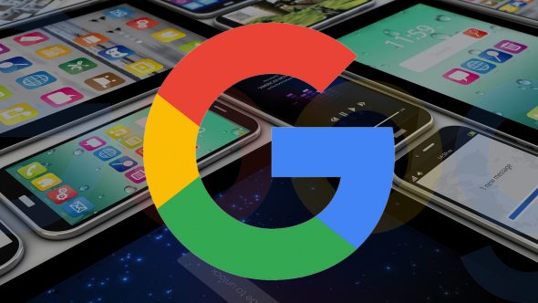 The Google logo overlaying a background of various smartphone screens showcasing different app icons.