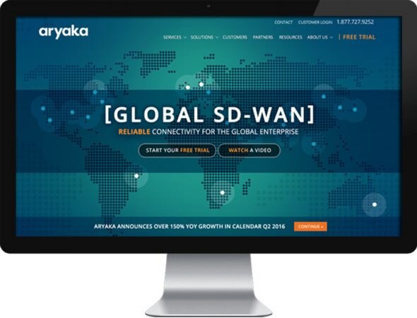 Screenshot of Aryaka's Global SD-WAN webpage with a world map.