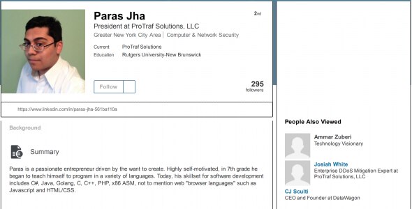 LinkedIn profile of Paras Jha, President at ProTraf Solutions.