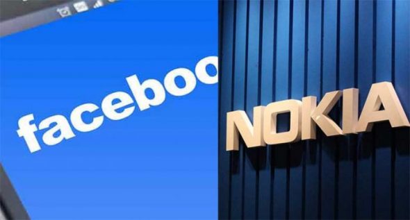 A split image showing the Facebook logo on the left and the Nokia logo on the right against a blue background.