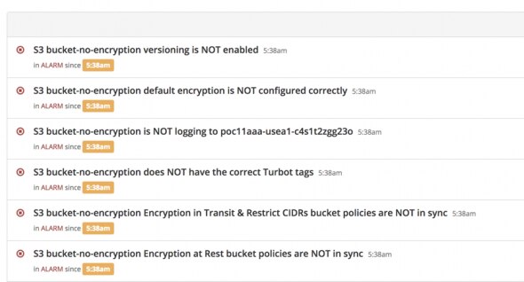 Errors related to S3 bucket encryption configurations and alarms.