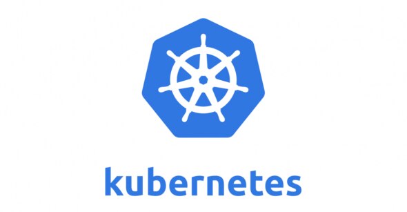 Kubernetes logo featuring a blue hexagon with a ship's wheel and the word 'kubernetes' below.