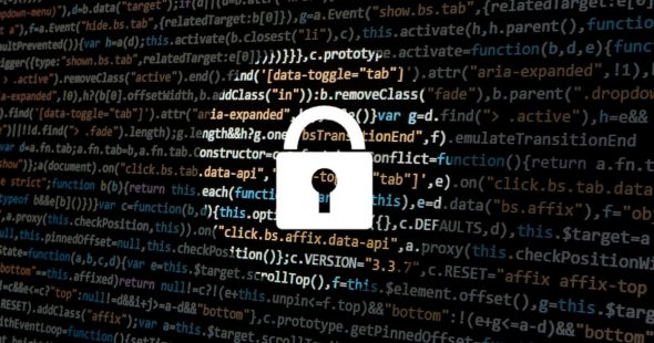 A digital background of computer code with a prominent lock icon in the center