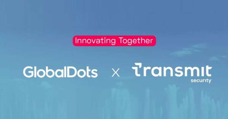 A graphic featuring the logos of GlobalDots and Transmit Security with the text 'Innovating Together'.