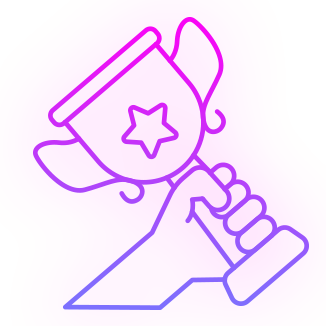 An illustration of a hand holding a trophy with a star on it,set against a pink background.